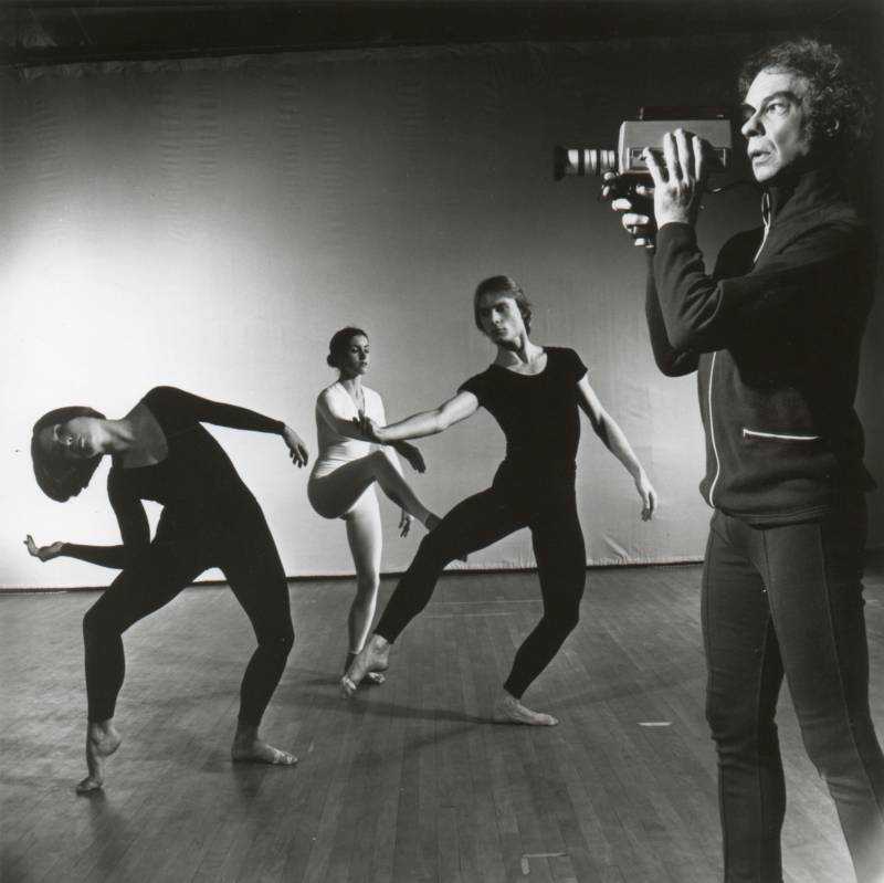 Julie Roess-Smith, Karen Attix, Robert Kovich, and Merce Cunningham in 'TV Rerun,' 1972. Score by Gordon Mumma, costumes by Jasper Johns. (Photo by Jack Mitchell)